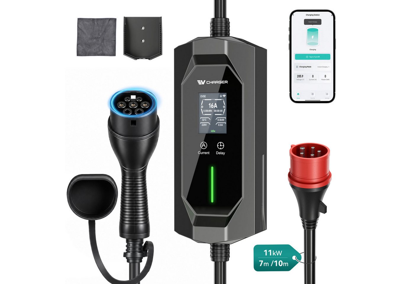 Rebonique Elektroauto-Ladestation Wallbox 11 kW mit App, 10 m Typ 2, 6–16 A 3-phasig, CEE Stecker, IP65, Mobil 11kW / 16A, 3-phasig, Ladeplanung 0–12 Std.,Typ-2-Ladekabel nach IEC 62196-2, 2,4″ LCD Bild 3