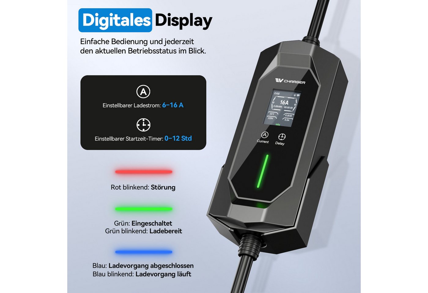 Rebonique Elektroauto-Ladestation Wallbox 11 kW mit App, 10 m Typ 2, 6–16 A 3-phasig, CEE Stecker, IP65, Mobil 11kW / 16A, 3-phasig, Ladeplanung 0–12 Std.,Typ-2-Ladekabel nach IEC 62196-2, 2,4″ LCD Bild 4