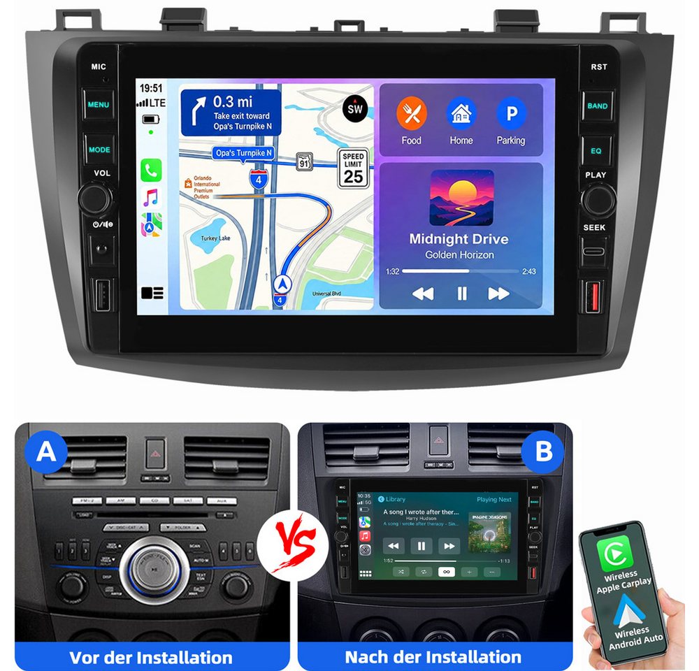 ESSGOO Für Mazda 3 BL 2010-2013 Android 15 Carplay GPS Bluetooth Autoradio (RDS, Digitalradio (DAB), FM)