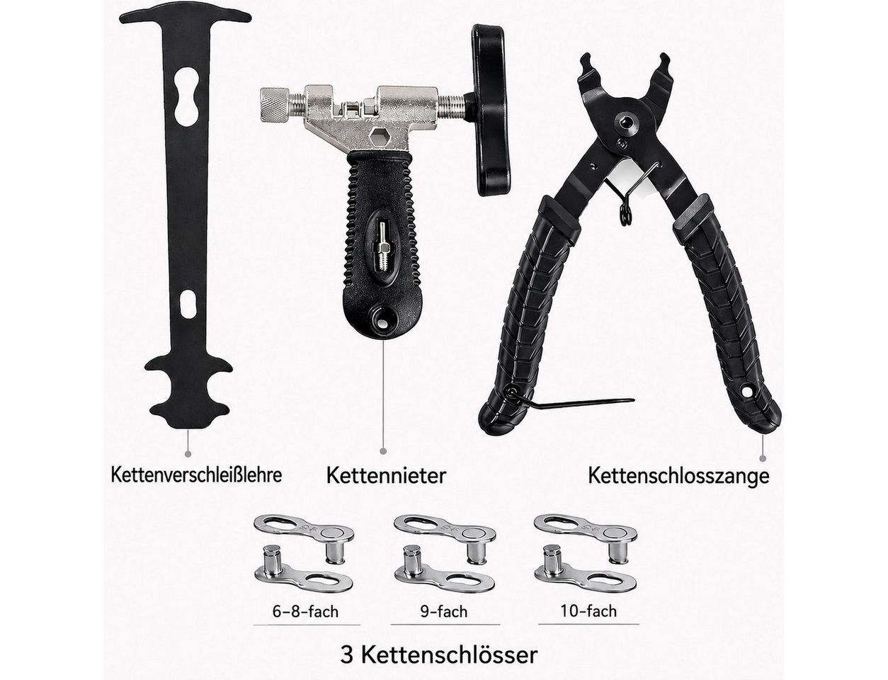 AIMAX Fahrradkette Kettennieter Fahrrad, Kettenschloss Zange & Kettenwerkzeug, Schwarz Fahrradwerkzeugset mit Kettenlehre, Haken, Flicken & Kettenschlösser