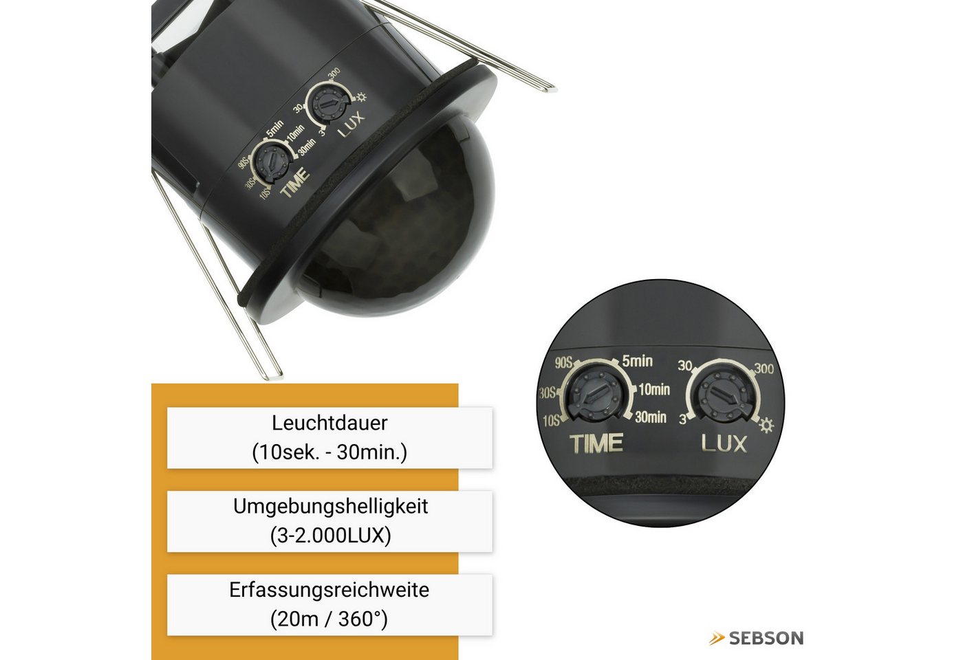 SEBSON Bewegungsmelder Infrarot Sensor Außen IP54 Unterputz Decke 20m Reichweite 360°, (2-St), 2er Set - Innen und Außen, programmierbar, LED geeignet 600W, 3 Draht Bild 5