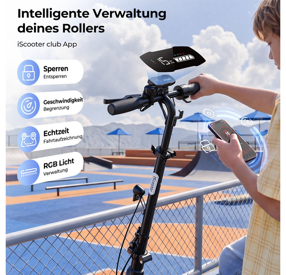 iSinwheel Cityroller Elektroroller für Kinder von 8 bis 14 Jahren, zusammenklappbar, 3-fach höhenverstellbar,10/16/20 km/h, LED-Display Bild 4