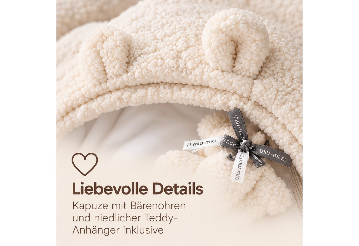 Knirpsenland Fußsack Teddy Baby Fußsack für Babyschale Kinderwagen Bouclé, Bouclé-Oberstoff, Bärenohren, Teddy-Anhänger, Gurtdurchführungen Bild 5