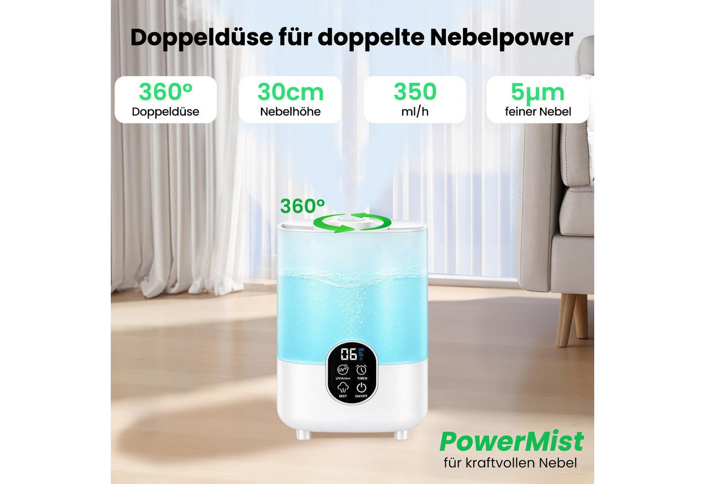 JoJoego Luftbefeuchter ultraschall Luftbefeuchter 350ml/h Aroma Diffuser, 4 l Wassertank, Leise Ultraschall Aroma Diffusor bis 35m²,Aromatherapie,Auto Shut-off Bild 5