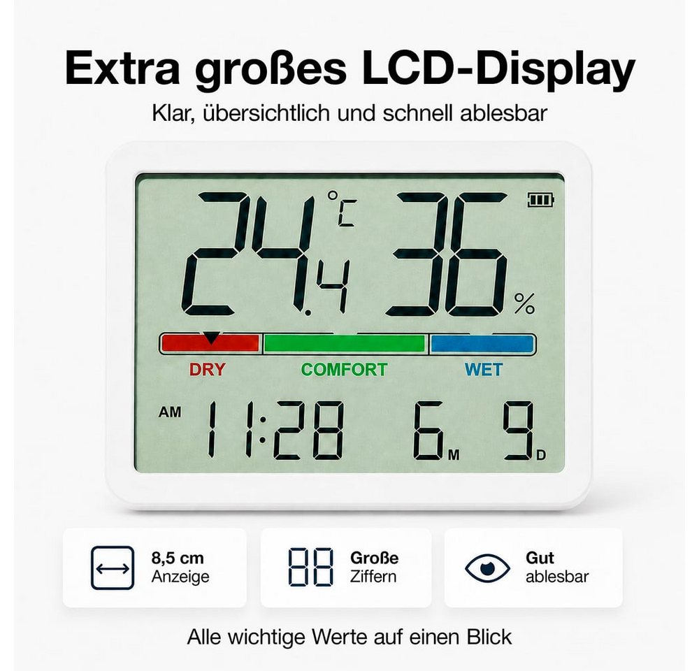 EASYmaxx Raumthermometer Digitales Hygrometer & Wetterstation mit LCD-Display und Uhrzeit, Thermometer mit Komfortanzeige für Temperatur und Luftfeuchtigkeit