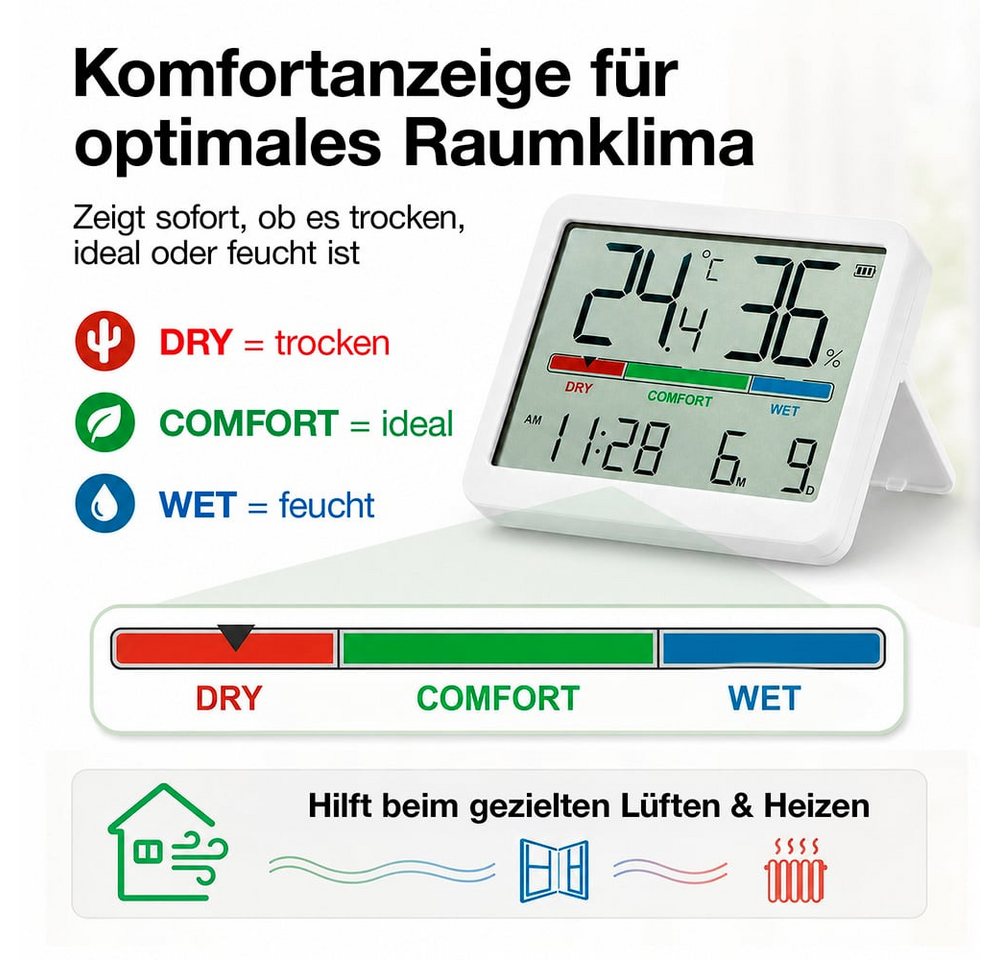EASYmaxx Raumthermometer Digitales Hygrometer & Wetterstation mit LCD-Display und Uhrzeit, Thermometer mit Komfortanzeige für Temperatur und Luftfeuchtigkeit Bild 2