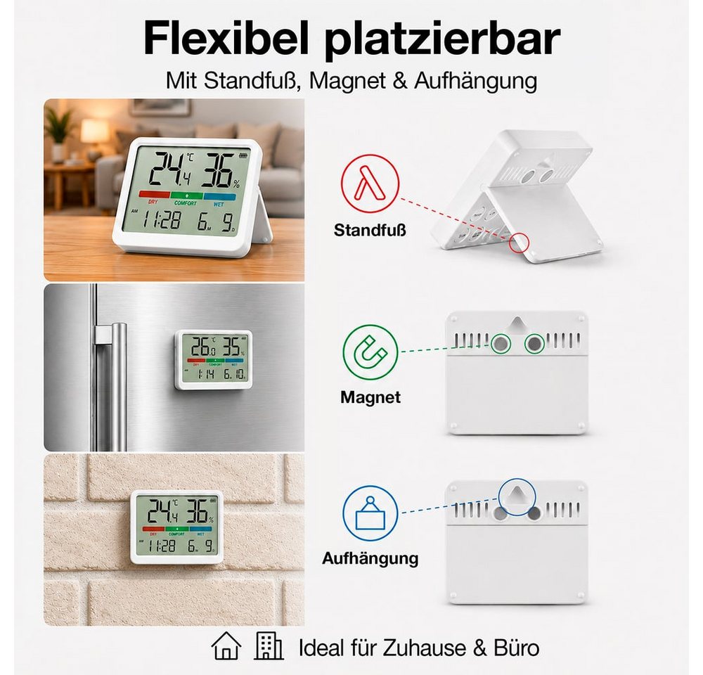 EASYmaxx Raumthermometer Digitales Hygrometer & Wetterstation mit LCD-Display und Uhrzeit, Thermometer mit Komfortanzeige für Temperatur und Luftfeuchtigkeit Bild 3
