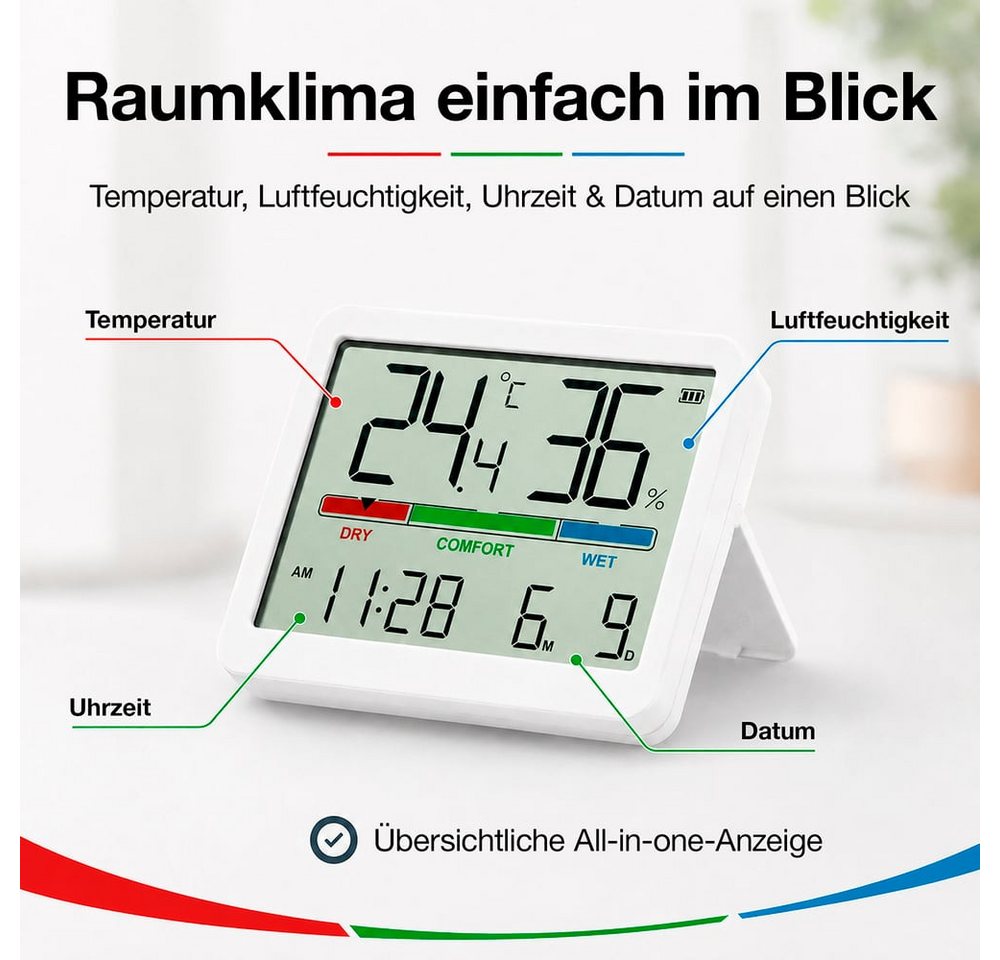 EASYmaxx Raumthermometer Digitales Hygrometer & Wetterstation mit LCD-Display und Uhrzeit, Thermometer mit Komfortanzeige für Temperatur und Luftfeuchtigkeit Bild 4