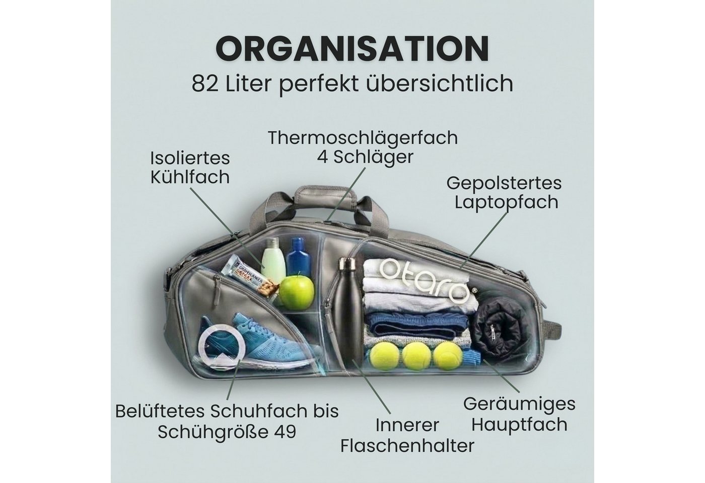 Otaro Tennistasche für Herren & Damen mit Schuhfach, 82 L Tennisrucksack, Pro, Schlägerfach, Schuhfach & abnehmbare Rucksackträger Bild 3