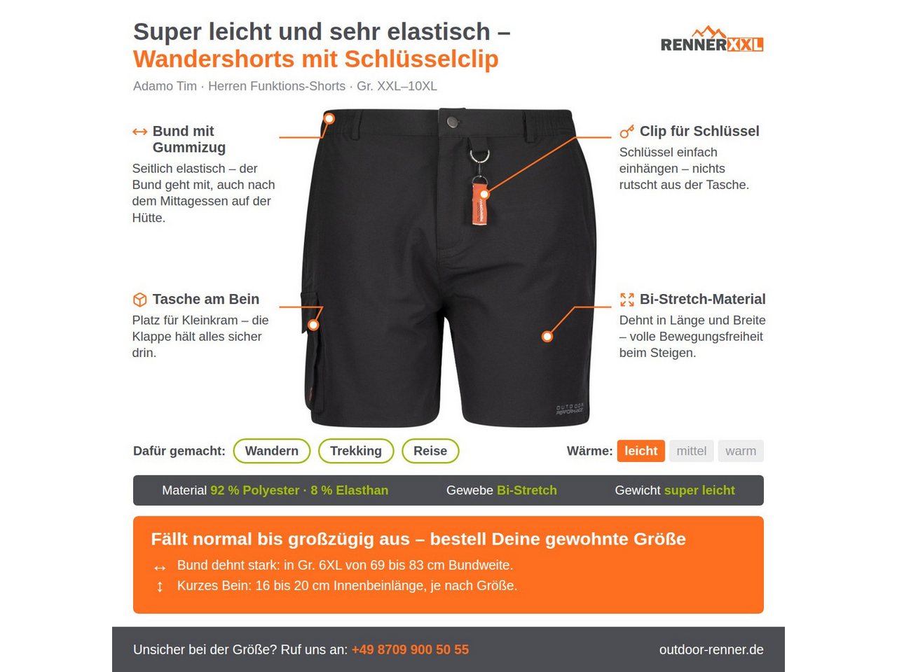 RennerXXL Trekkingshorts Tim Wanderhose Herren Übergrößen bis 12XL, Bi-Stretch, Cargotasche