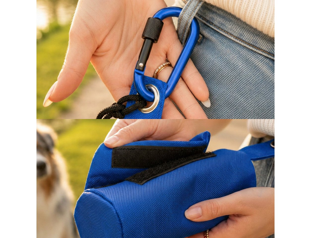belviona Leckerlibeutel für Apportiertraining mit Wurfhilfe & Karabiner, robust & sicher, blau (1-tlg), wasserfester Futterdummy, Hundefutterbeutel Bild 4