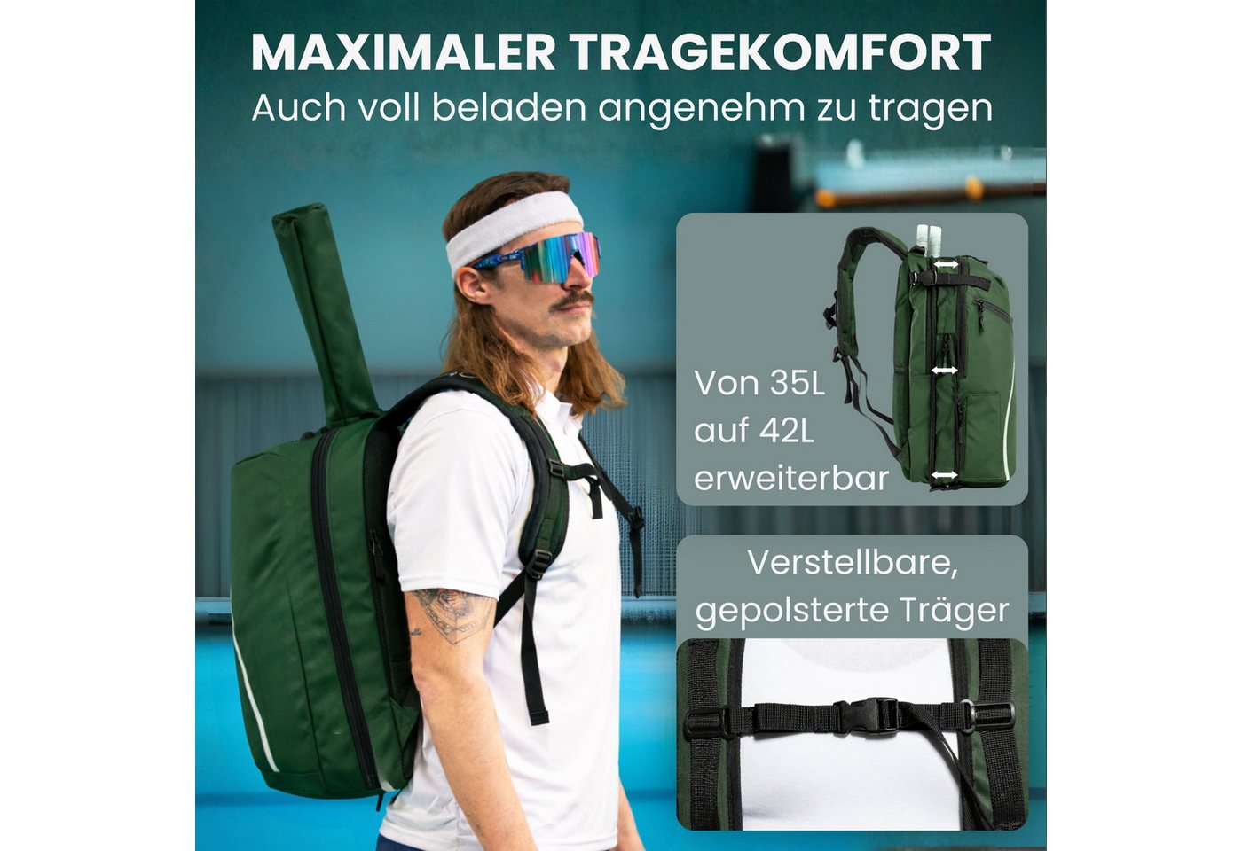 Otaro Tennisrucksack mit Schuhfach für 2 Schläger, 42 L Tennistasche Herren & Damen, Pro, Schuhfach, Schlägerfach & gepolsterte Träger Bild 3