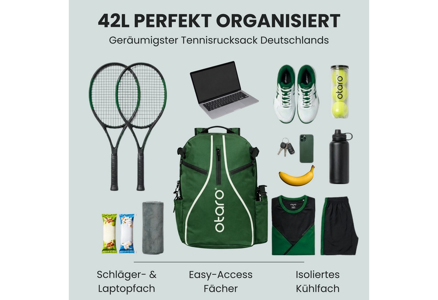 Otaro Tennisrucksack mit Schuhfach für 2 Schläger, 42 L Tennistasche Herren & Damen, Pro, Schuhfach, Schlägerfach & gepolsterte Träger Bild 4