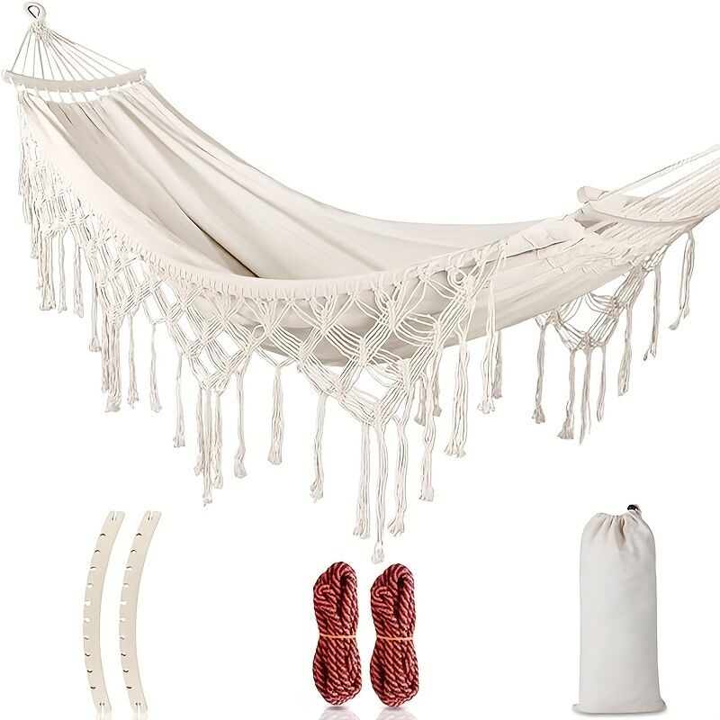 Doppelhängematte Im Bohemian-stil Mit Verstärkten Seilen Und Tragetasche, Ideal Für Den Einsatz Im Freien.