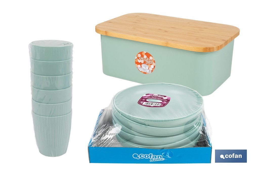 Pack Mit Bambusdeckel, 6 Wasserflössen Und 6 Grünen Teller