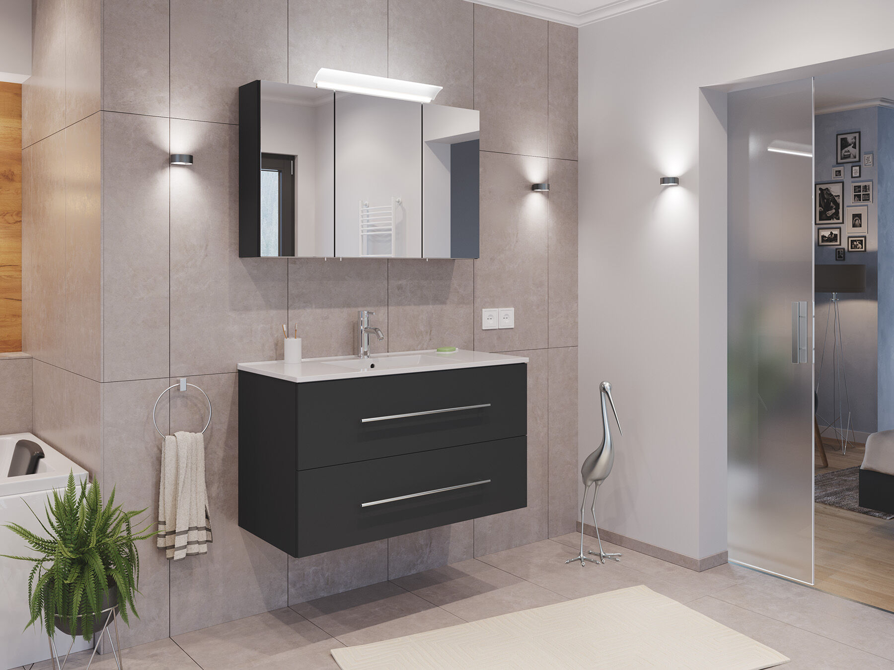 Badmöbel Set Firenze 100 2tlg. Spiegelschrank Softclose Grafit