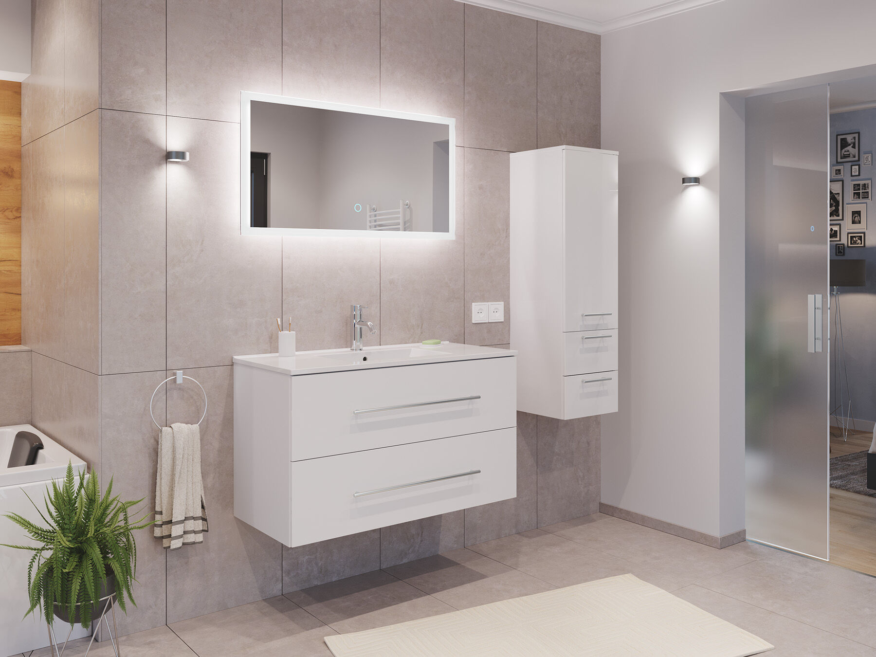 Badmöbel Set Firenze 100 3tlg. Led Spiegel Und Seitenschrank Weiß Hochglanz