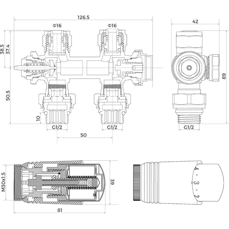 Universelles Weißes Mehrfachblock-heizkörperset, Zentralanschluss Mit 50-mm-thermostatventilen Für Heizkörper Und Heizsysteme