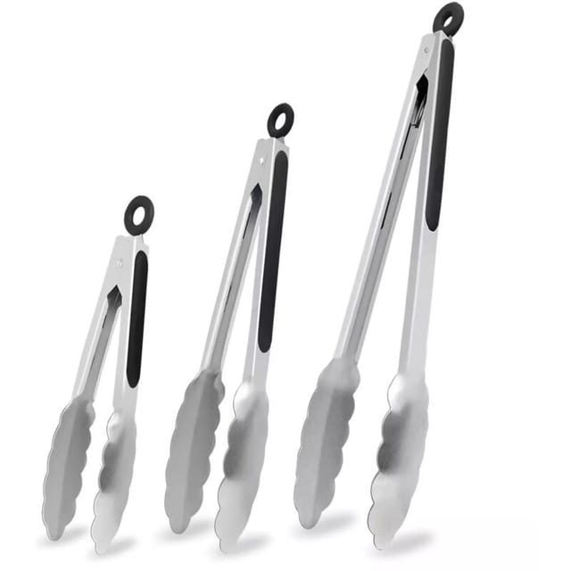 Set Aus 3 Edelstahl-küchenhelfern Mit Hitzebeständigen, Rutschfesten Griffen – Ideal Zum Kochen, Für Salate, Zum Grillen Und Barbecues (21 Cm + 27 Cm + 34 Cm)