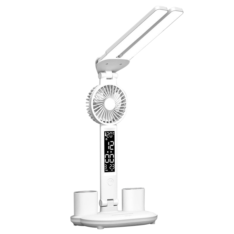 Doppelkopf-led-schreibtischlampe Mit Ventilator, Uhr, Stifthalter, Touch-bedienelementen, Temperatur-, Zeit- Und Datumsanzeige, Farbtemperatur Von 3000k Bis 6000k Und Einstellbarer Helligkeit.