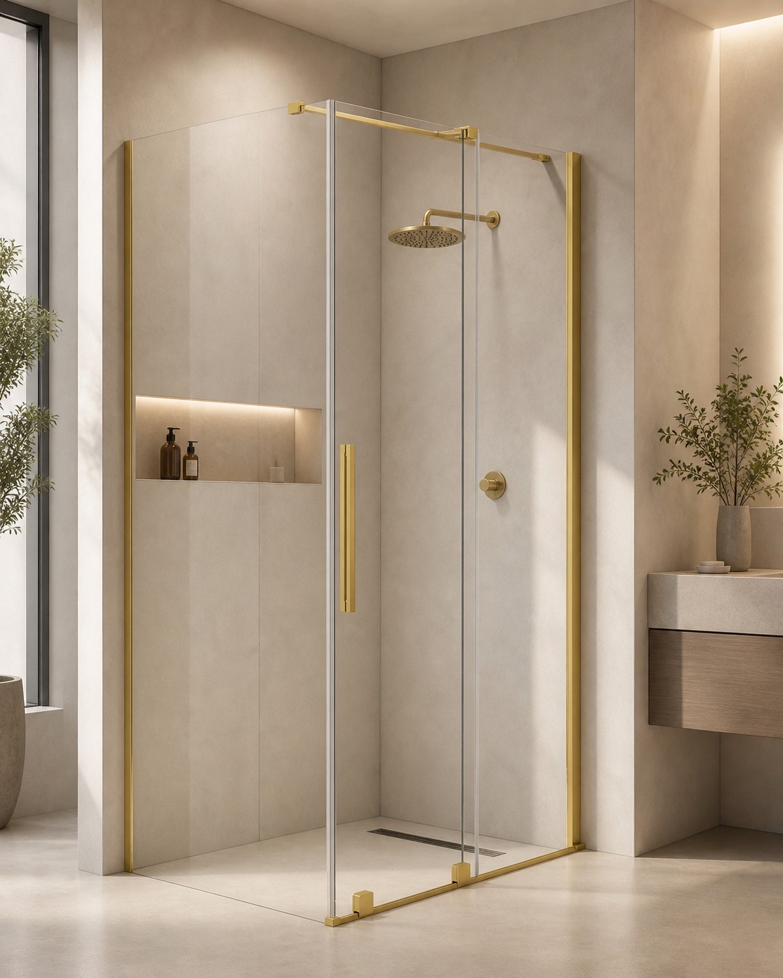 Rechteckige Duschkabine 120 X 80 Klarglas Gebürstete Goldprofile Einflügelige Schiebetür Deante Nivis Kpnrp12s08 120 X 80