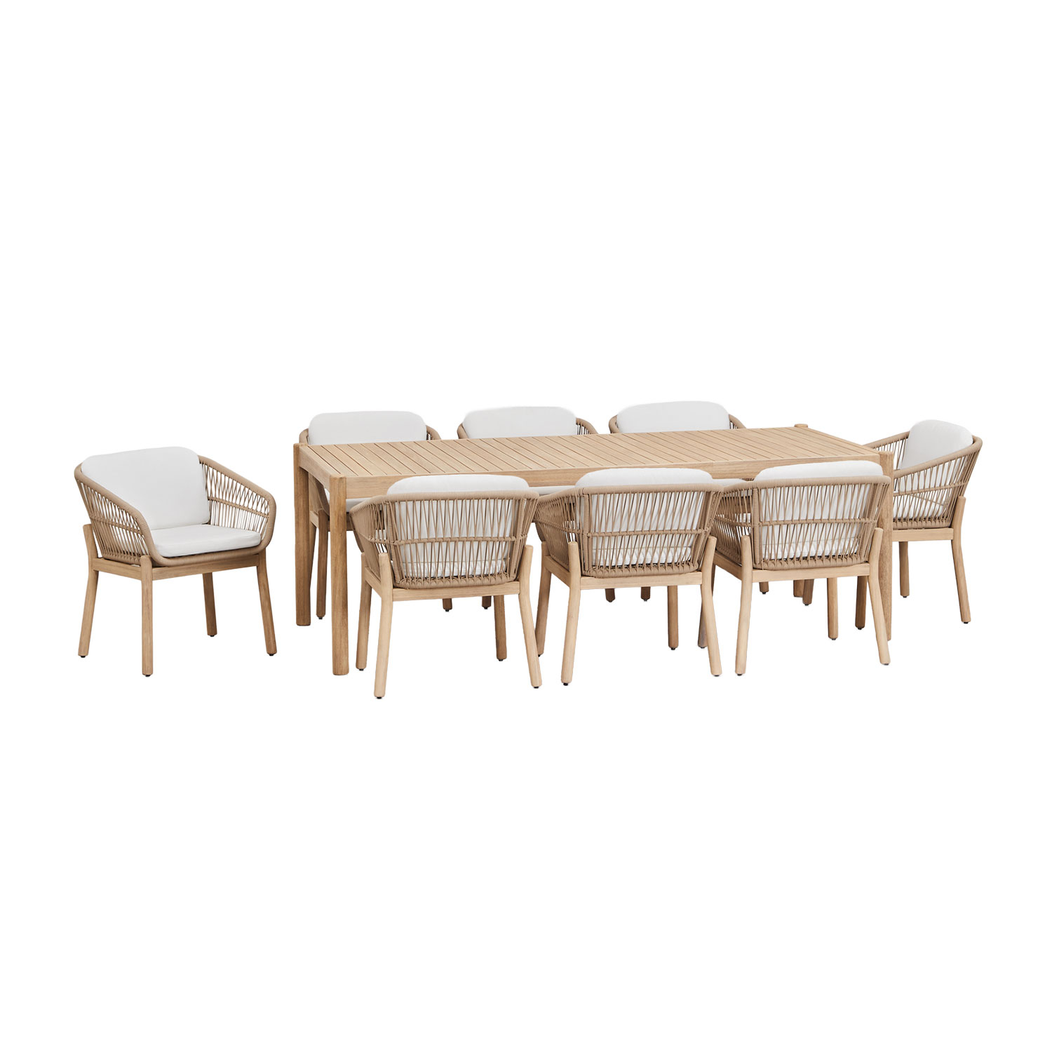 Sklum Rechteckiger Esstisch 220x100 Cm Und 8 Gartenstühle Aus Akazienholz Und Geflochtener Schnur Karvia Helles Akazienbraun