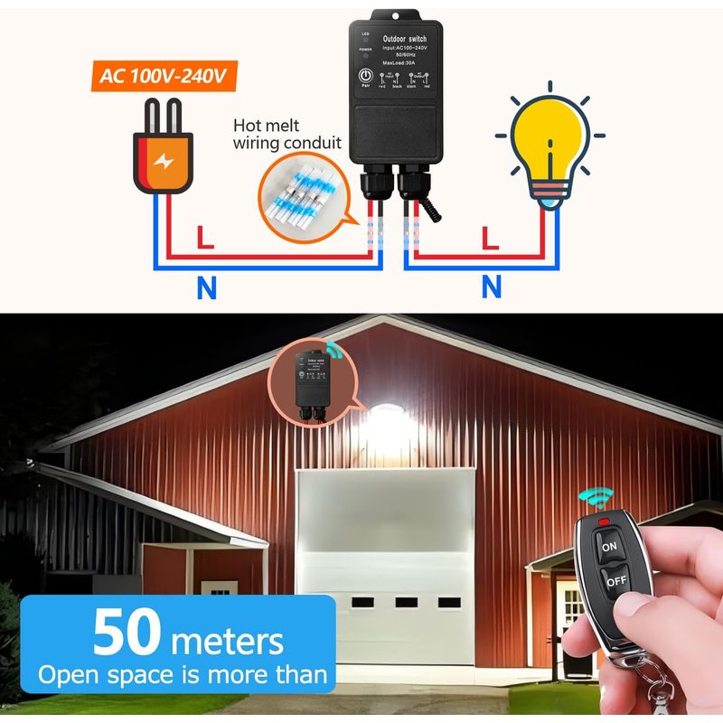 Wasserdichter Drahtloser Funkschalter Mit 240v & 220v Ac 30a Relaisempfänger Für Feuchte Umgebungen, Außenbereiche, Leichte Wasserpumpen, Landwirtschaftliche Bewässerung, Dächer, Garagen Und Lagerhall
