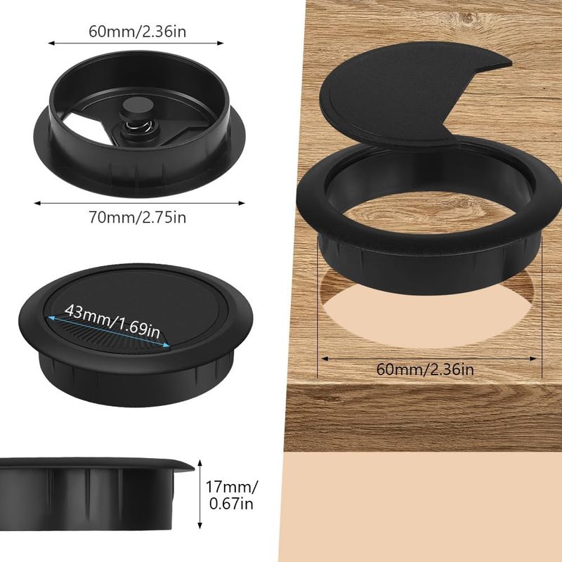 Flintronic 6er-pack Kabeldurchführungen Für Schreibtische, 60-mm-kabelmanagement Für Computertische Mit 60-mm-lochsäge, Kabelorganisator Für Zuhause Und Büro (schwarz)