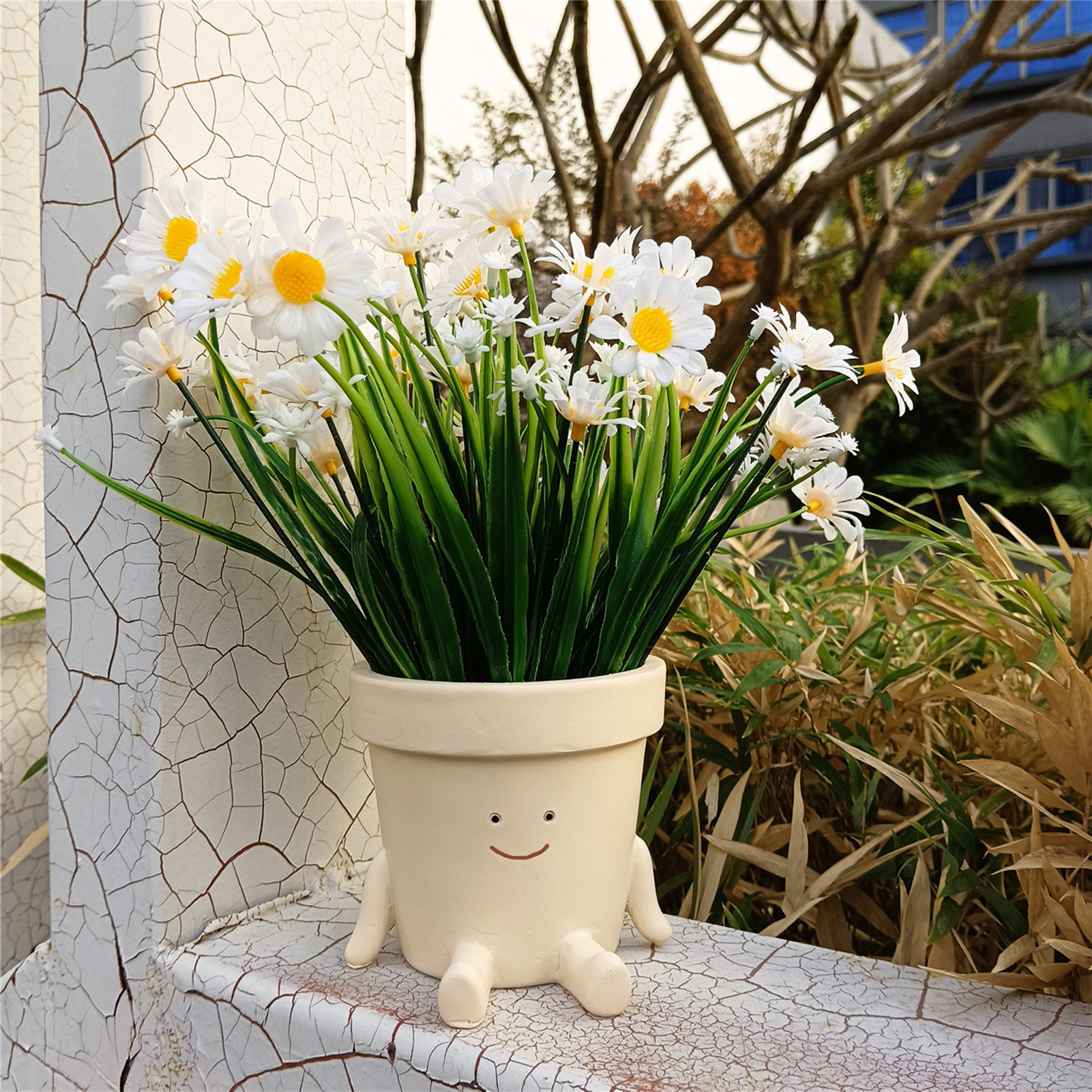 Pot De Fleurs Assis En Résine Avec Un Joli Visage, Idéal Pour Les Plantes Succulentes. Pot Décoratif Avec Trou De Drainage Pour Jardin, Balcon, Bureau Ou Rebord De Fenêtre.
