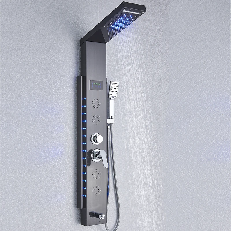 Led-duschpaneel, Digitale Temperaturanzeige, Regendusche Und Massagedüsen, Wandmontage, Modernes Spa-erlebnis, Schwarz 8003