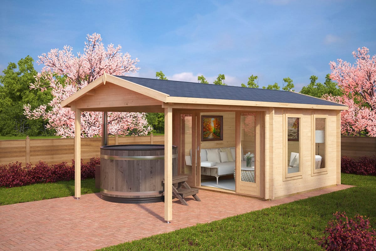 Gartenhaus mit Vordach “Nora E” 3x6m | Gartenhaus mit Vordach | Modernes Vordach aus Holz | Gartenhaus mit Überdachung im Garten