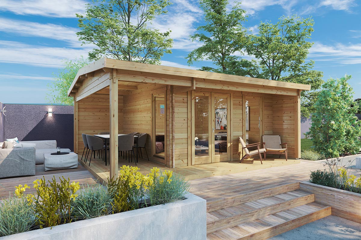 Gartenhaus mit Terrasse “Garten Studio XL” 6x5m | Gartenhaus mit Veranda 6x5m | Gartenhaus mit Terrasse und Terrassenüberdachung