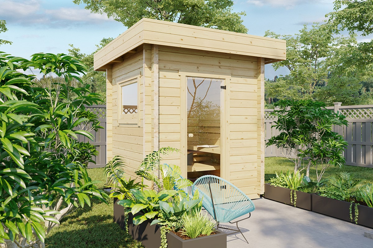 Kleine Außensauna “Finn 3” 2x2m | Kleine Gartensauna mit Vorraum | Außensauna im Holzhaus für den Garten | Saunahaus