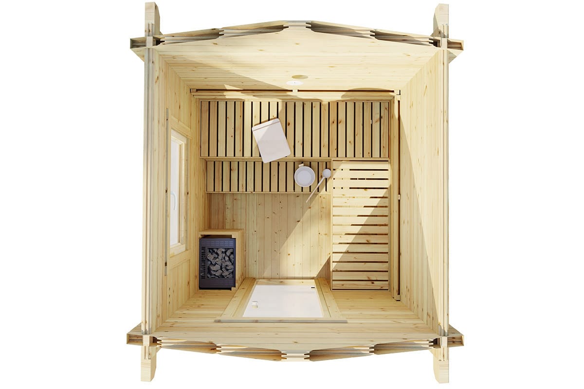 Kleine Außensauna “Finn 1” 2x2m | Gartensauna mit Vorraum | Außensauna im Holzhaus für den Garten | Saunahaus