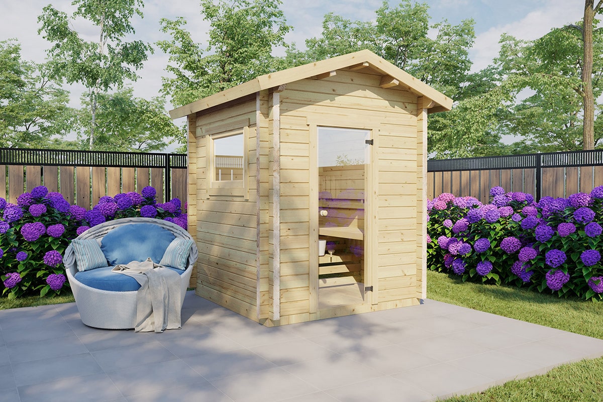 Kleine Außensauna “Finn 1” 2x2m | Gartensauna mit Vorraum | Außensauna im Holzhaus für den Garten | Saunahaus Bild 2