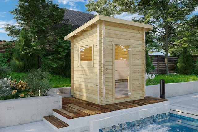 Kleine Außensauna “Finn 2” 2x2m | Kompakte Gartensauna mit Vorraum | Außensauna im Holzhaus für den Garten | Saunahaus