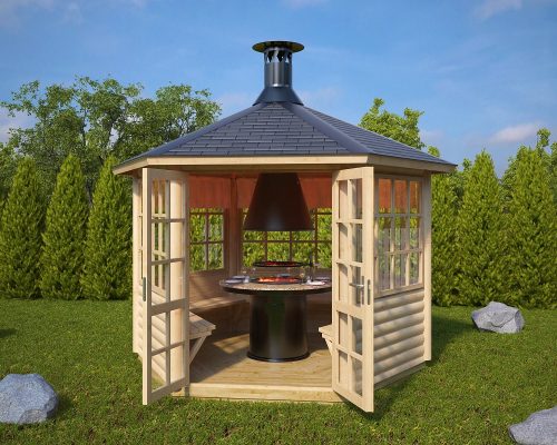 Grillhütte “Seattle” 3x3m | Sechseckige Garten-Grillhütte mit Sitzgelegenheiten und Holzkohlegrill | Indoor-Garten-Grill