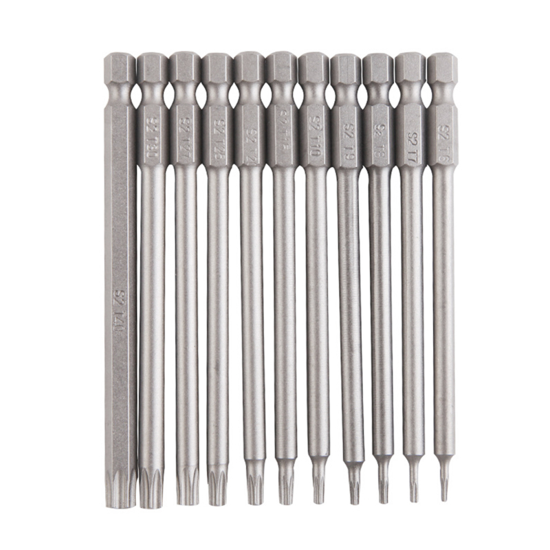 Set Mit 11 Torx-schraubendreherbits, 6,35 Mm Sechskantschaft, 100 Mm Lange Bohrer, T6-t40