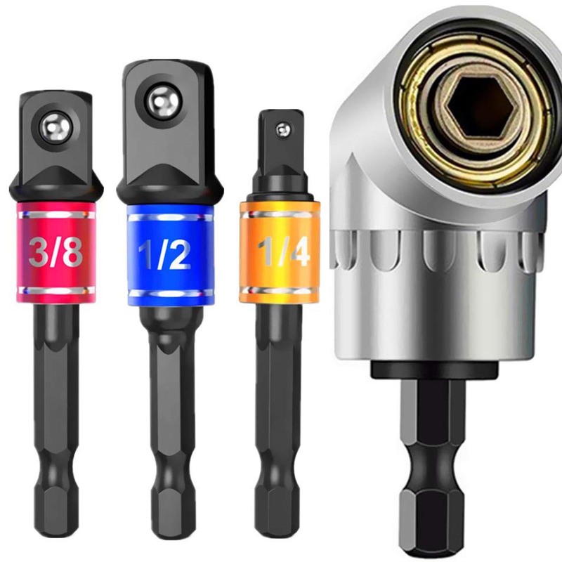 Set Mit 3 Adapter-steckschlüsseln Für Schlagschrauber, 1/4", 3/8", 1/2" Sechskant-schraubendreherbits + 105°-winkelverlängerung