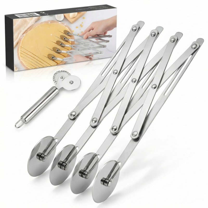 Teigschneider Mit Fünf Rädern, Pizzaschneider Aus Edelstahl, Ausziehbarer Teigschneider, Mehrrädriges Gebäckmesser, Nudelholz Für Kekse Und Ravioli, Teigtrenner