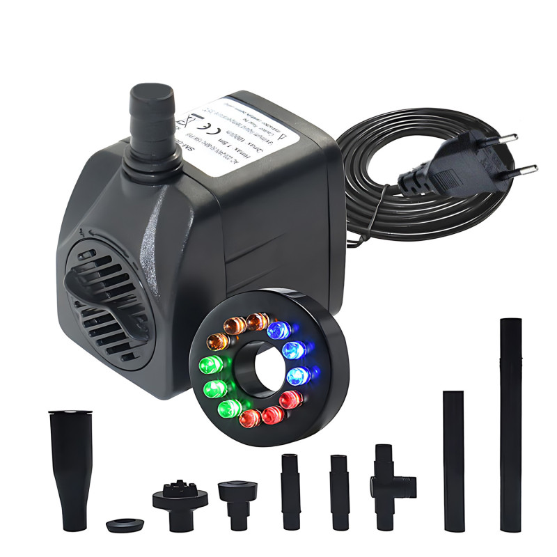 Tauchwasserpumpe 1000 L/h, Höhe 1,5 M, Farbiges Licht, Mehrere Düsen (saugbecher)