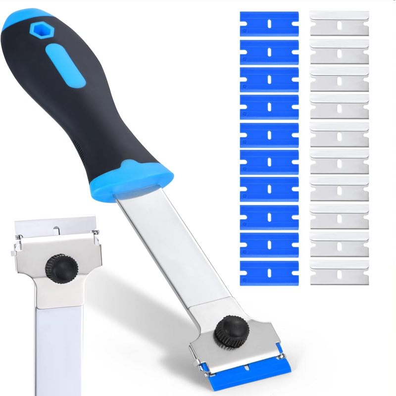 Reinigungsspatel Mit Langem Griff, 10 Metallklingen + 10 Kunststoffklingen, Blau (für Teller, Farben, Fliesen, Fenster)
