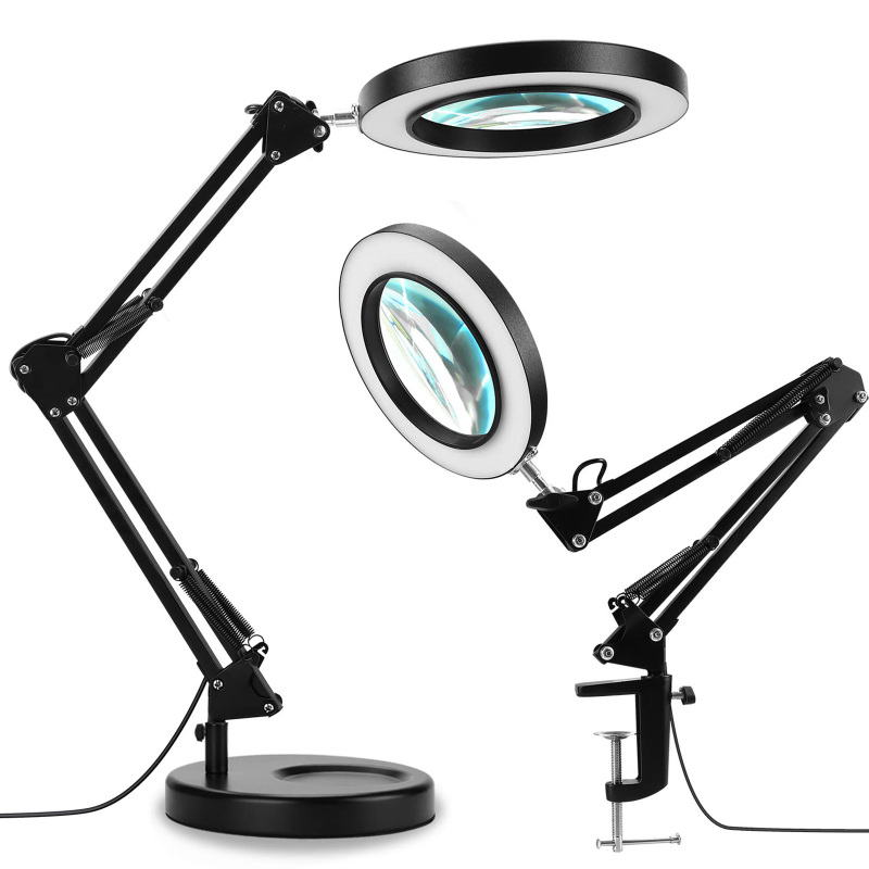 2-in-1-lupe Mit Lampe, 3 Farbmodi, Einstellbare Helligkeit, 10-fache Vergrößerung, Echtglas (tischlampe Und Klemme)