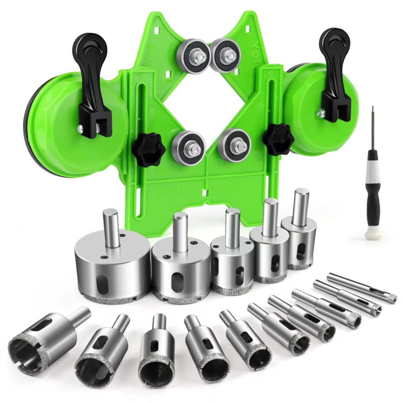 Diamant-lochvergrößerungsset, Grüner Doppelsaug-lochstanzer + 15 Bohrer + Schraubendreher
