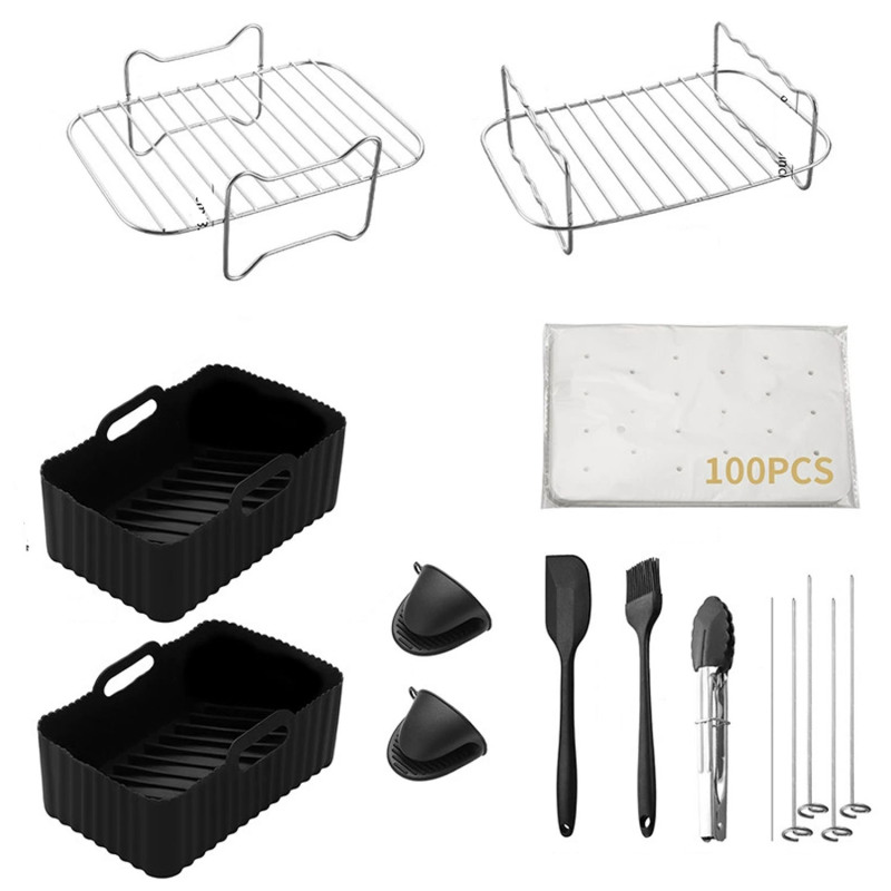 Zubehörset Für Heißluftfritteusen (11-teilig), Kompatibel Mit Dem Ninja Doppelkorb: Roste, Silikonmatte, Ölpinsel, Zange, Panierschale, Papiermatte, Silikonhandschuhe.