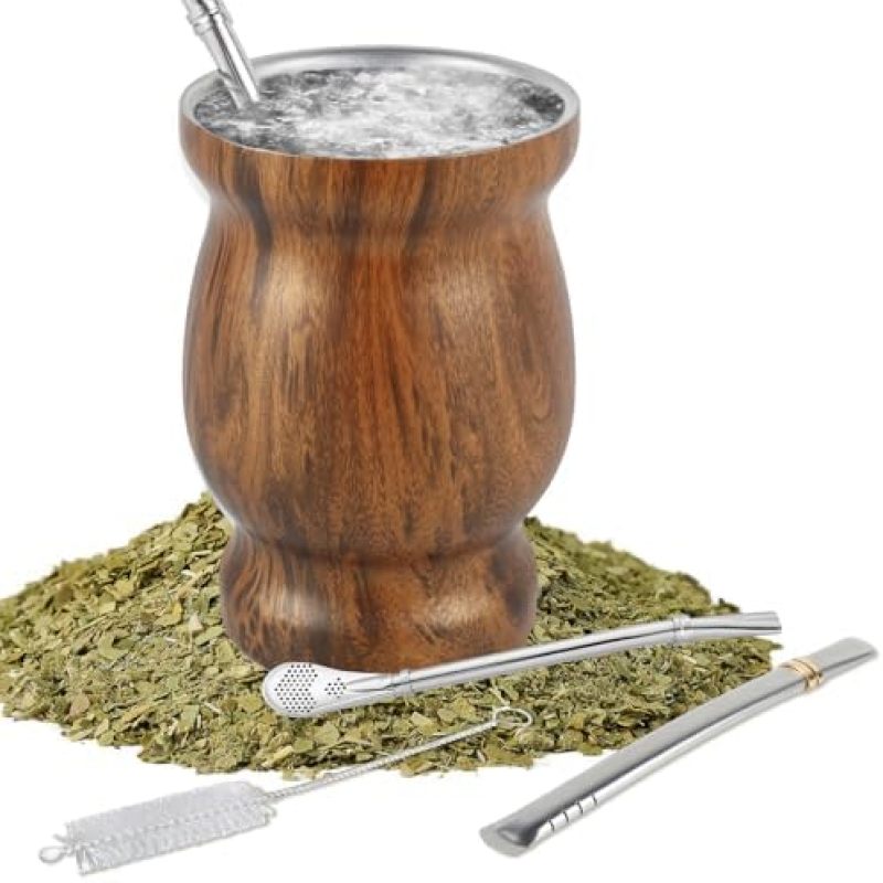 Yerba-mate-teeservice In Einer Kalebasse (24 Cl) Mit Doppelwandigem, Isoliertem Deckel Und Sauberem Rührlöffel (holzoptik)
