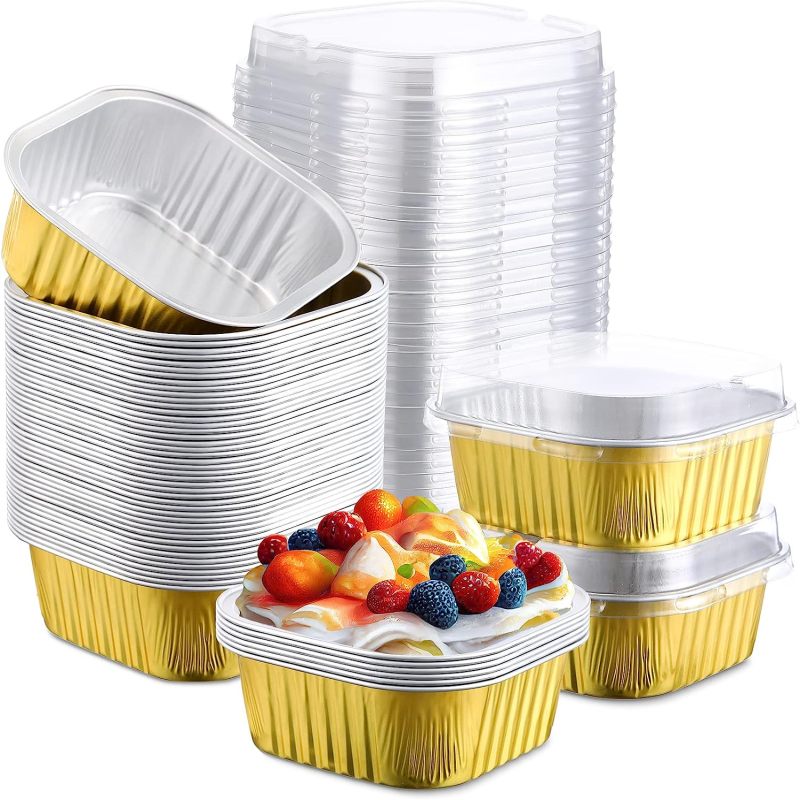 50 Quadratische Einweg-backförmchen Aus Aluminium (280 G) Mit Deckel, Ideal Für Kuchen, Cupcakes, Brownies, Puddings Und Andere Desserts. Geeignet Für Den Privaten Gebrauch Und Zum Einfrieren. (gold)