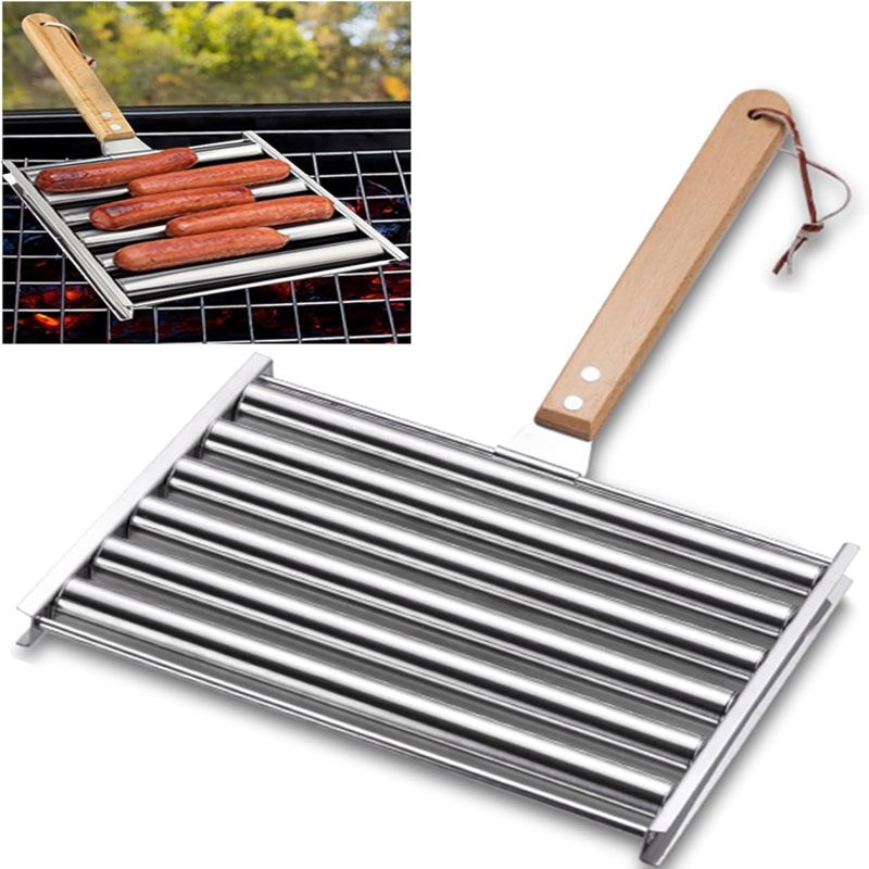 24 Cm Langer Hot-dog-grill, Edelstahl-wurstgrill Mit Abnehmbarem Holzgriff Für Gleichmäßiges Garen, Ideal Für Grillabende Im Freien.