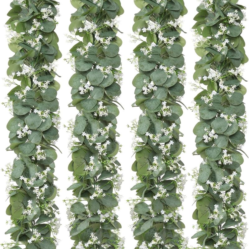 Weißblühender Eukalyptus-girlande, 4er-set, 1,80 M, Silberne Blätter, Künstliches Grün (weiß)