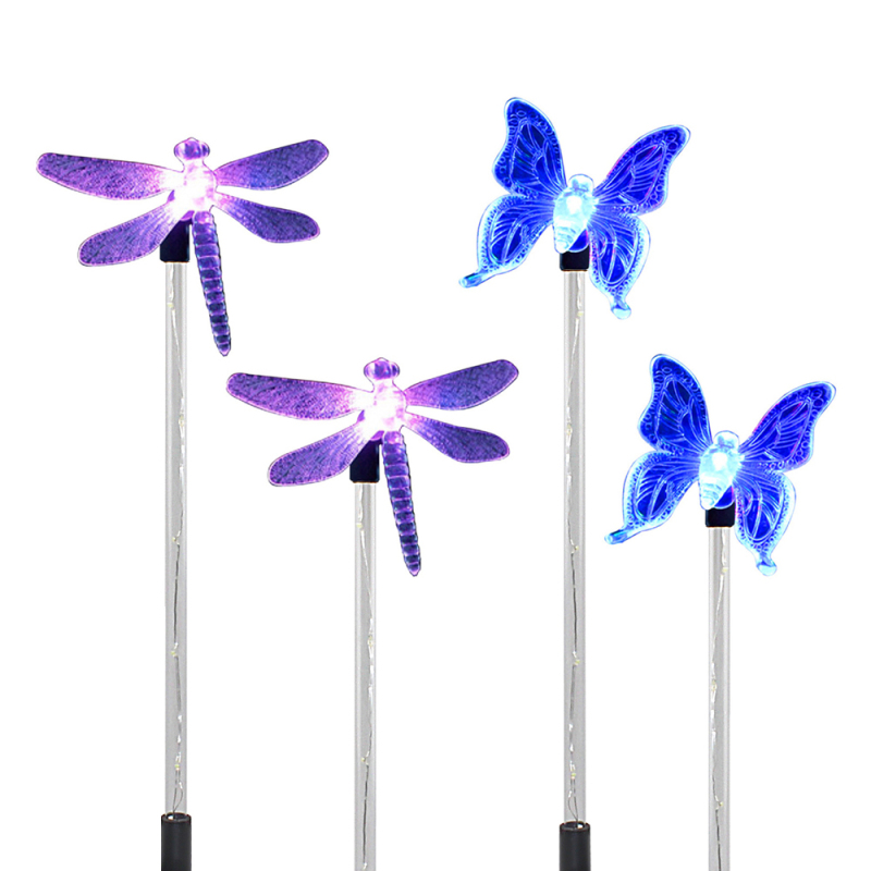 Set Mit 4 Solar-led-gartenleuchten Mit Farbwechselnden Schmetterlingen Und Libellen. Dekorative Beleuchtung Für Wege, Höfe, Rasenflächen Und Terrassen.